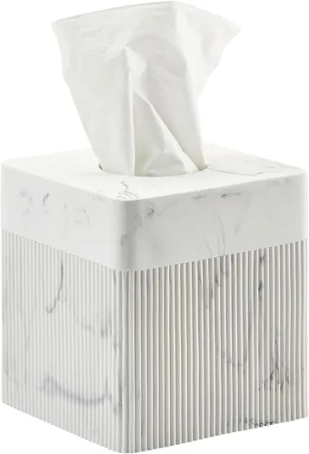 Caja de pañuelos blanca cuadrada de resina para decoración del hogar, soporte de caja de pañuelos de cubo de mármol acanalado vertido a mano – Caja
