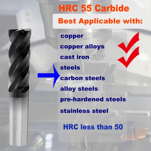 Miniatura 2 de Fresa de extremo cuadrado de carburo de 1/8" para aceros, HRC 55 grados, 4 ranuras, revestimiento AlTiN, brocas de fresa para fresado de aceros