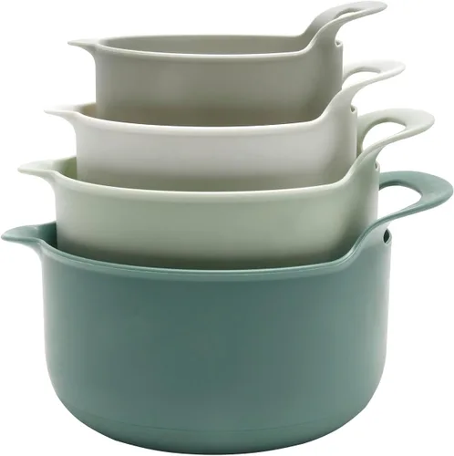 Juego de cuencos de plástico apilables para mezclar Cook with Color con boquillas y asas, salvia, 4 piezas antideslizantes