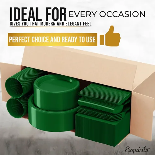 Miniatura 3 de Juego de 350 platos de plástico verde esmeralda para fiestas, juego de platos desechables verde esmeralda, 50 de cada juego de platos llanos de 9
