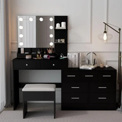 Miniatura 9 de Escritorio de maquillaje con espejo y luz, espejo de tocador con estación de carga para dormitorio, mesa de maquillaje con estantes