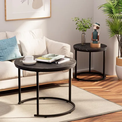 Miniatura 8 de aboxoo Mesa de Centro Redonda Anidable Juego Lateral de 2 Mesas Auxiliares para Sala de Estar Dormitorio Balcón, Mesa de Madera de Mármol Sintético