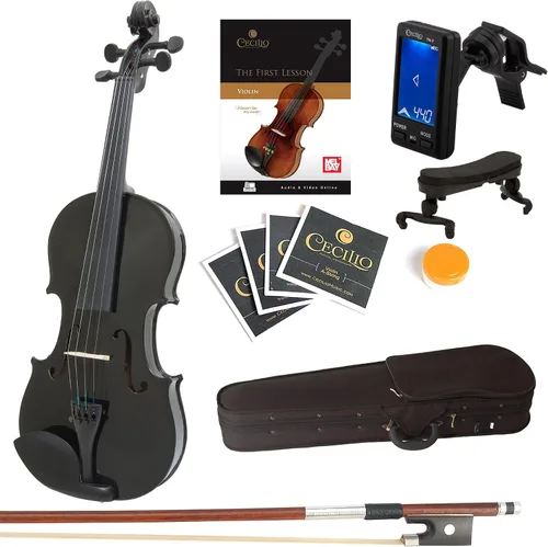 Miniatura 17 de Violín Mendini de madera sólida, libro de lecciones, cuerdas extra, sintonizador violín, arco y estuche, Blanco