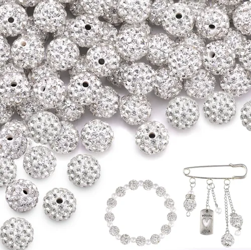 Miniatura 19 de 100 cuentas de diamantes de imitación de 0.394 pulgadas para la fabricación de joyas, 10 cuentas redondas brillantes de discoteca de Shamballa