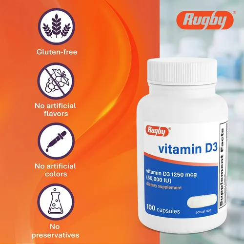 Miniatura 6 de Rugby Vitamina D3 50,000 UI (1250 mcg) - Suplemento de vitamina D de alta potencia para huesos, dientes e inmunidad, 100 cápsulas