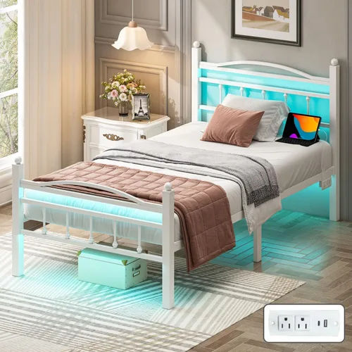 Miniatura 12 de Jenmit Marco de cama tamaño completo con cabecero, marco de cama de plataforma de metal con estación de carga y luces LED, espacio de almacenamiento