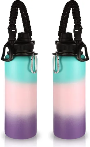 Miniatura 31 de Volhoply Botellas de agua aisladas en paquete de 2, 40 onzas, botella deportiva de acero inoxidable con asa de paracord y tapa con boquilla, taza