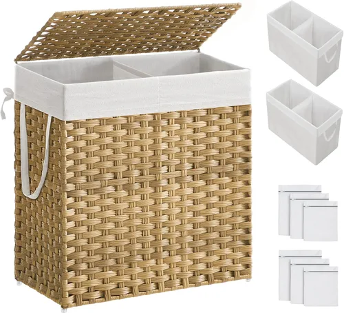 Miniatura 15 de SONGMICS Cesta de lavandería con tapa, cesta de ropa de 110 litros con 2 bolsas de forro extraíbles, 6 bolsas de malla, canasta de mimbre para Gris
