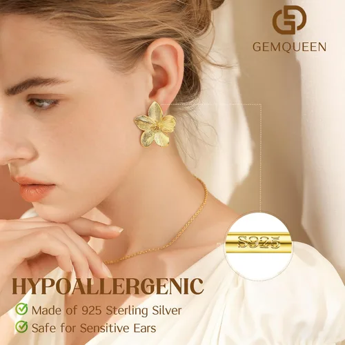 Miniatura 2 de Aretes de plata de ley 925 aretes colgantes chapados en oro de 14 quilates, hipoalergénicos, únicos, grandes, florales, gruesos, joyería para mujer
