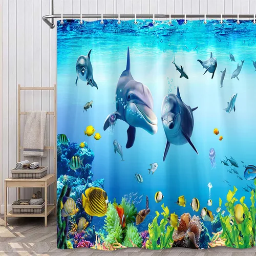 Cortina de ducha con diseño de delfín, peces animales del océano para niños, paisaje del mundo submarino de fantasía azul, 72 x 72 pulgadas, juego