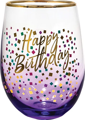 Spoontiques - Copa de vino sin tallo de 20oz - Vaso para bebidas frías sin tapa - Feliz cumpleaños Púrpura