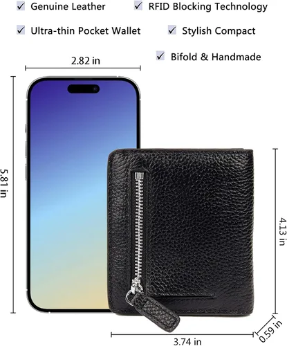 Miniatura 5 de BIG SALE-AINIMOER billetera de bolsillo pequeña con cremallera, plegable, compacta de cuero con bloqueo por identificación por radiofrecuencia
