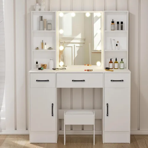 Miniatura 8 de Escritorio de tocador con espejo LED deslizante, mesa de maquillaje blanca con 6 cajones, 4 estantes de almacenamiento y taburete, 3 modos
