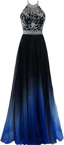 Miniatura 7 de Kivary Vestidos de noche largos de gasa degradado con cuentas transparentes halter, Ombre
