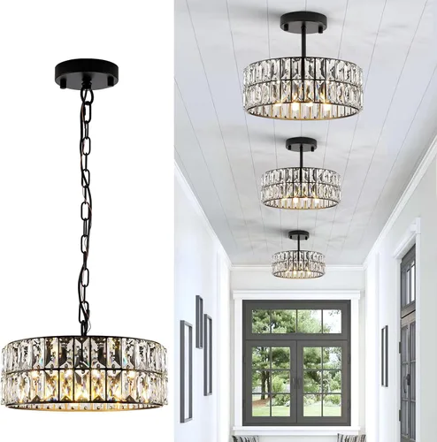 Lámpara Colgante de Cristal de 4 Luces Araña Moderna Negra Pequeña de 12" Cristal Semi Empotrada Luz de Techo Redonda para Isla de Cocina, Negro