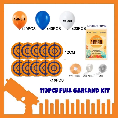 Miniatura 3 de Kit de guirnalda de globos para fiesta de la guerra de dardos, paquete de 113 globos azules, naranjas y negros, letrero para niños, baby shower