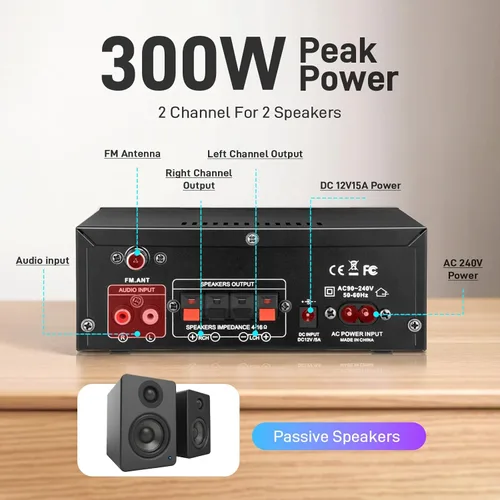 Miniatura 3 de AK45 Amplificador de audio estéreo para el hogar con receptor Bluetooth 5.0, 300 W+300 W Bluetooth HiFi AMP amplificador de potencia 2.0 canales RMS