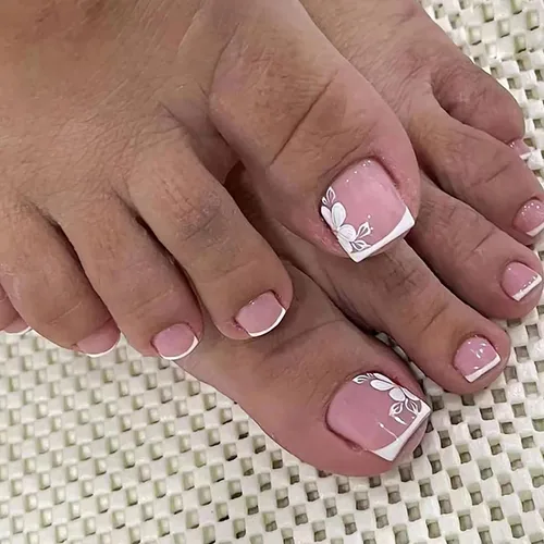 Miniatura 14 de Uñas postizas acrílicas artificiales negras para los dedos de los pies, ataúd a presión con diseños de flores blancas, uñas postizas reutilizables