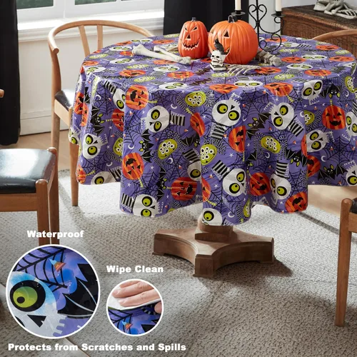 Miniatura 3 de Newbridge Ghoulish Gang - Mantel de vinilo con parte trasera de franela de Halloween, diseño de calaveras y murciélagos espeluznantes con reverso