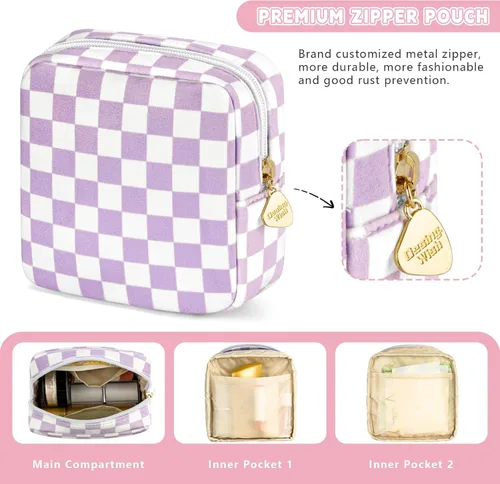 Miniatura 6 de Bolsa de maquillaje pequeña de 5.1 x 5.1 pulgadas para monedero, material flocado, mini bolsa de maquillaje de viaje con dos bolsillos internos