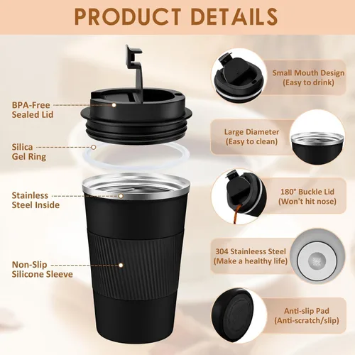 Miniatura 6 de KETIEE Taza de viaje de 12 onzas, taza de café aislada al vacío con tapa a prueba de fugas, vaso de café de viaje de acero inoxidable de doble pared