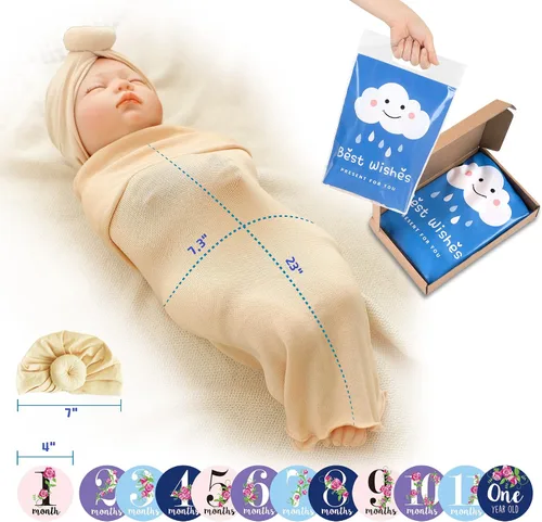 Miniatura 3 de Trilly Juego de manta para envolver al bebé con turbante de bebé (beige), 12 calcomanías de hitos para niñas, sacos para recién nacidos, regalos