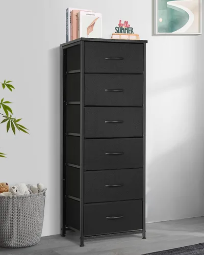 Miniatura 2 de Mifuro Cómoda alta para dormitorio con 6 cajones, torre organizadora de almacenamiento vertical, cómoda con cubos de tela, marco de acero, parte
