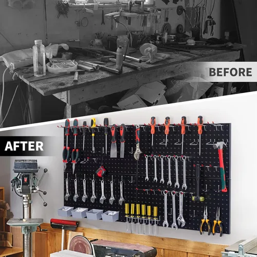 Miniatura 4 de Pegboard Smith Kit de tablero de clavijas de metal negro de 48 x 24 pulgadas para organización de pared con ganchos, contenedores de almacenamiento