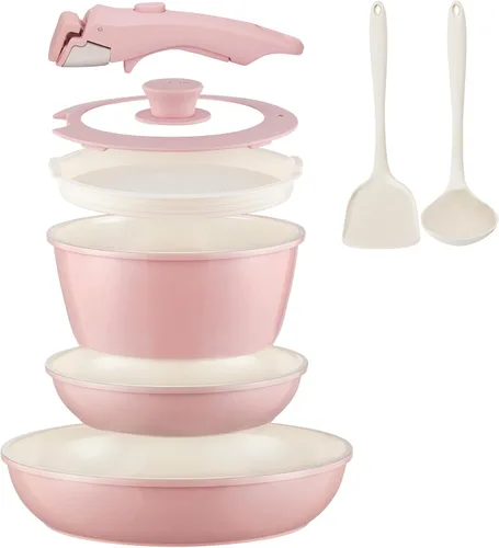 Miniatura 10 de Juego de utensilios de cocina de cerámica antiadherentes, 8 piezas, juego de ollas y sartenes, mango desmontable, juego de cocina de inducción