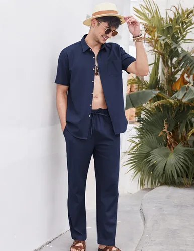 Miniatura 3 de COOFANDY Conjunto de 2 piezas de lino para hombre, conjunto de camisa y pantalón con botones para la playa