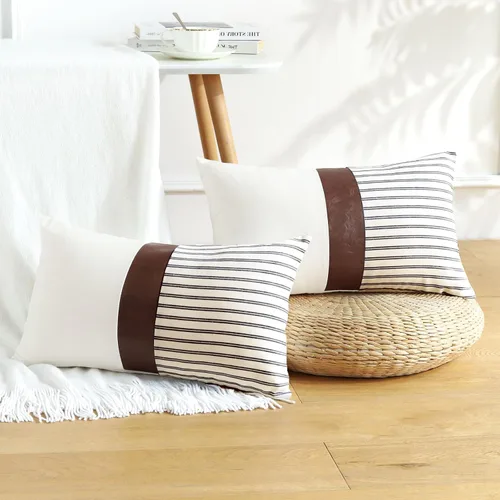 Miniatura 3 de OTOSTAR Juego de 2 fundas de almohada decorativas de granja de 12 x 20 pulgadas, fundas de almohada modernas de retazos de piel sintética a rayas