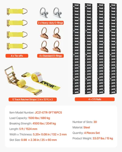 Miniatura 7 de VEVOR Kit de riel de amarre E-Track, juego de rieles E de 5 pies, 16 piezas, incluye 4 rieles de acero y 2 ranuras individuales, 6 aros en O y 4