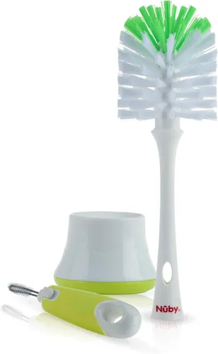 Miniatura 4 de Nuby Cepillo para biberones y pezones con cerdas suaves y soporte Paquete de 2: Azul y Gris Cepillo de limpieza para biberones y pezones