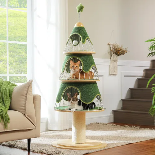 Miniatura 12 de MUTTROS Árbol moderno de madera para gatos de 42.5 pulgadas con condominio de 2 pisos, postes rascadores, nido de cápsulas y bolas colgantes