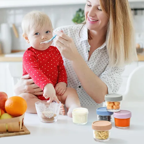 Miniatura 7 de DRKIO Paquete de 12 recipientes de vidrio para almacenamiento de alimentos para bebés, tarros de comida para bebés de 4 onzas con tapas, para 4 Oz