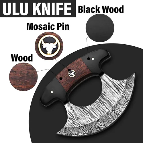 Miniatura 4 de Damascus Ulu Cuchillo hecho a mano de 5.5 pulgadas, cortador de pizza de Alaska, pequeño cuchillo Ulu con funda, regalo ideal de Alaska para picar