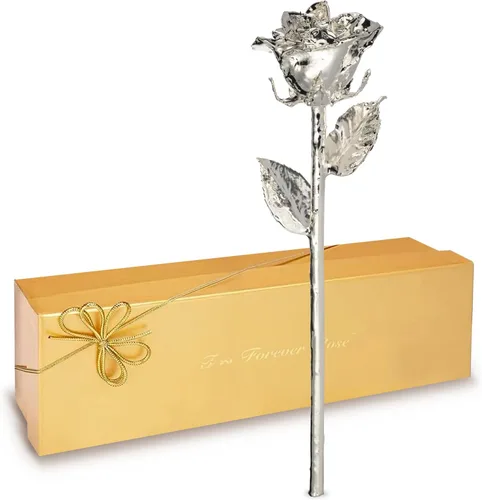 Miniatura 10 de Forever Rose Rosa real bañada en plata, rosa preservada hecha a mano en piel de lujo con luz LED, regalo romántico y elegante para ella, Funda