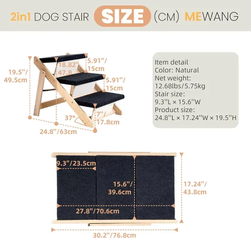 Miniatura 2 de MEWANG Escaleras y rampa de madera para perros y gatos pequeños/medianos, mascotas mayores – 3 en 1, plegable, portátil, escalera antideslizante 3