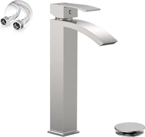 Miniatura 12 de Grifo de lavabo de vaso en oro cepillado, grifos de baño estilo cascada, grifos de baño de una sola manija y un solo agujero de boquilla alta