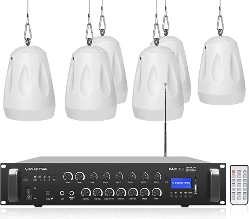 Miniatura 11 de Sound Town Amplificador Bluetooth para restaurante comercial + juego de altavoces colgantes, con un amplificador de 2 zonas de 70 V/100 V