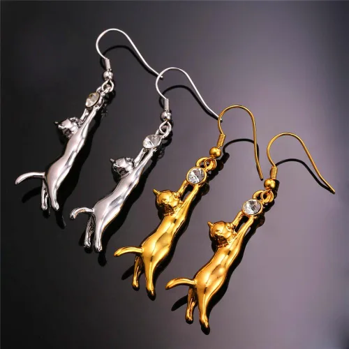 Miniatura 4 de Aretes U7 bañados en platino, con dije de gato y diamantes de imitación