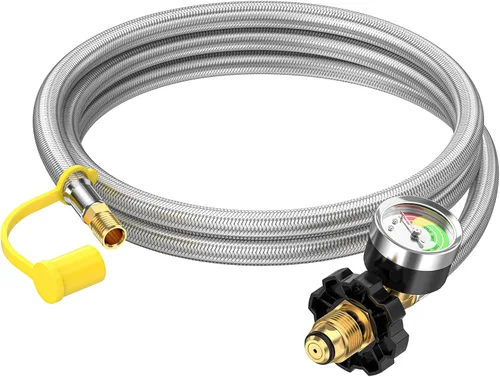 Extensión de manguera de tanque de propano de 6 pies con manómetro, POL x 1/4 de pulgada de brida macho invertida, manguera trenzada para tanque de