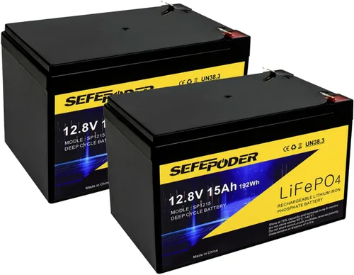 SEFEPODER Paquete de 2 baterías LiFePO4 de ciclo profundo de 12 V 15 Ah, batería recargable de más de 2000 ciclos para scooter, iluminación, Power