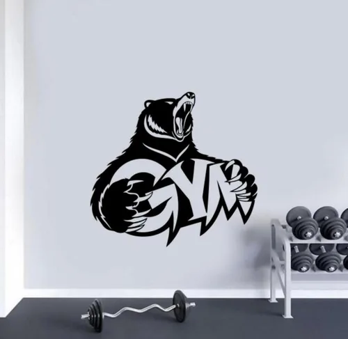 Calcomanía de vinilo para pared de gimnasio, oso de gimnasio, decoración de pared, cita de entrenamiento, culturismo, pegar, póster motivacional,