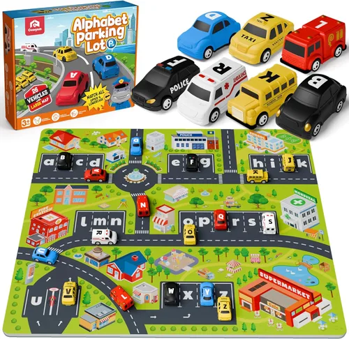 Coogam Laberinto del Alfabeto, 26 piezas de coche tirador con alfombrilla de juego, juego preescolar de emparejamiento de letras para niños de 3, 4