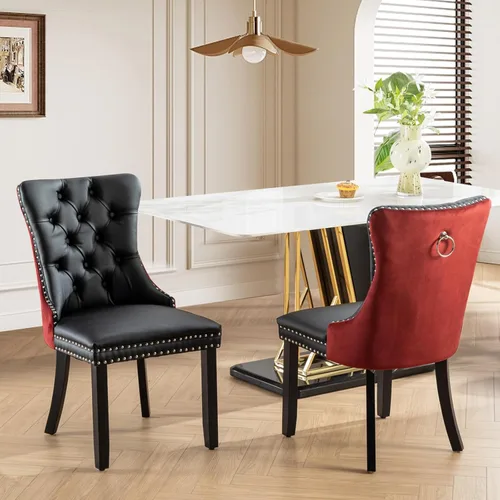 Miniatura 46 de Juego de 2 sillas de comedor tapizadas de tela de lino, sillas de cocina modernas de mediados de siglo con respaldo alto, ribete de cabeza de clavo
