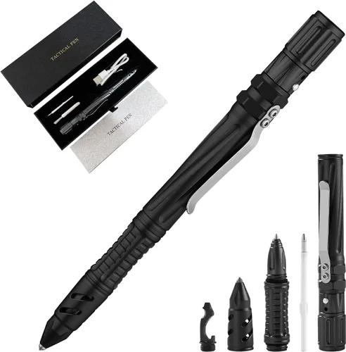 Bolígrafo táctico de defensa personal militar EDC, negro | Glass Breaker, Bottle Opener, Emergency Heater, Multi Tool Survival Pen, For Men Women