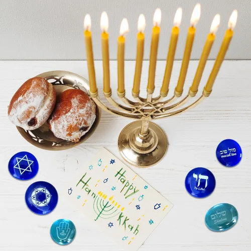 Miniatura 5 de Judaica Glass Stones: Chai, Estrella de David, Hamsa, Mazel Tov y Shalom en Sombras de Azul, Conjunto de seis, por Lifeforce Glass