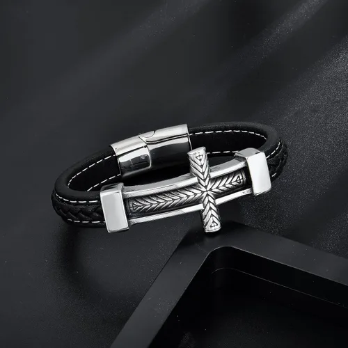 Miniatura 2 de Pulsera de cuero con cruz para hombre, de acero inoxidable, religiosa y religiosa con cruz lateral, pulsera de oración cristiana, regalo para hombres