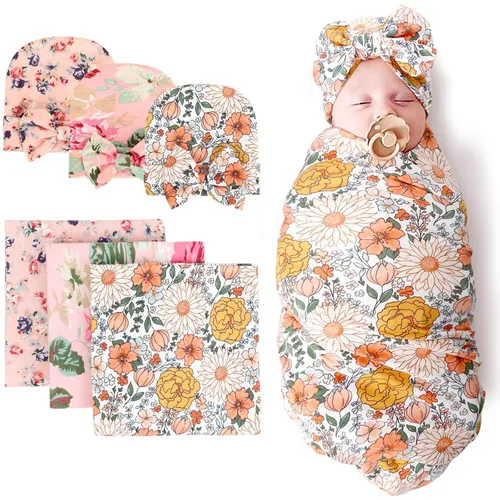 Miniatura 18 de DRESHOW BQUBO Manta de Recepción para Recién Nacido con Conjunto de Gorro con Lazo Estampado de Flores Manta Envolvente para Bebé con Gorro 1 juego